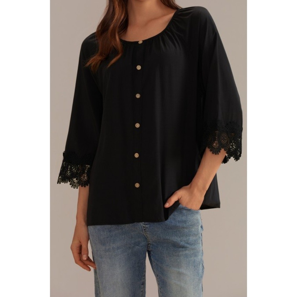 Emery Rose Women Lace 3/4 Sleeves Blouse Round Neck Boho Office  Minimalist XXL